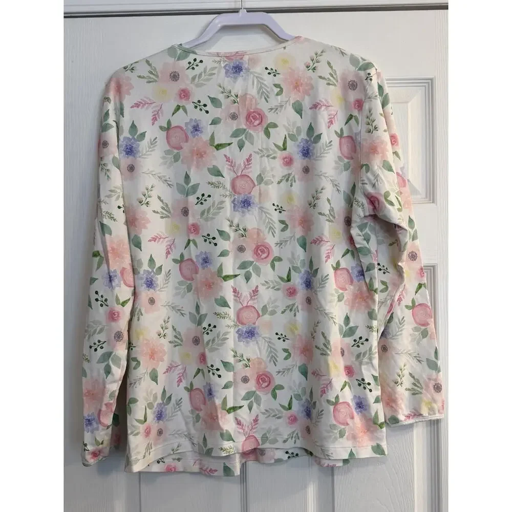COTN Pajama Top Women XL Long‎ Sleeve White Floral Soft Pleated Grandmacore